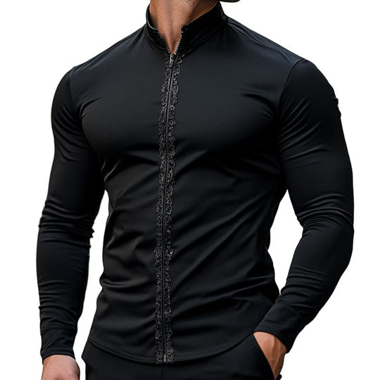 Men's Retro Casual Stand Collar Zipper Long Sleeve Shirt 9880235573432
