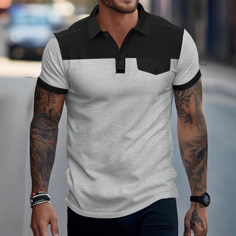 Men's Casual Waffle Colorblock Patchwork Lapel Slim Short-sleeved Polo Shirt 9887360581816