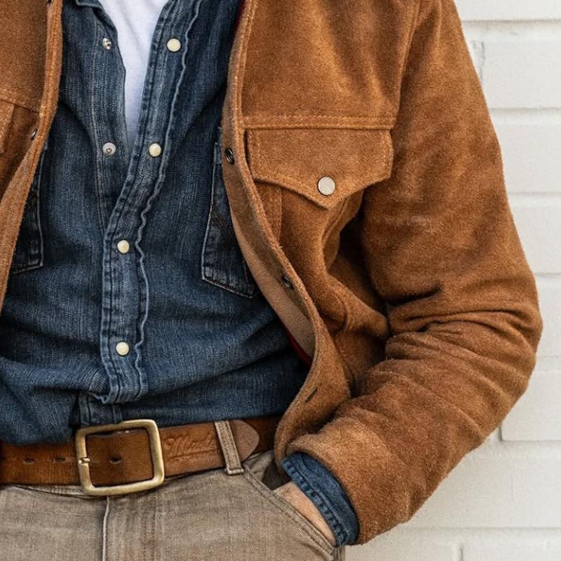 Men's Retro Fashion Suede Stitching Leather Collar Short Jacket 9882785611960
