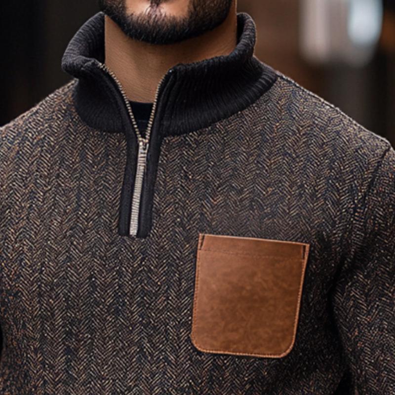Men's Retro Casual Herringbone Stitching Stand Collar Sweatshirt 9873140842680