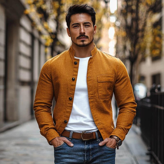 Men's Casual Cotton Linen Stand Collar Slim Fit Long Sleeve Shirt 9885320216760