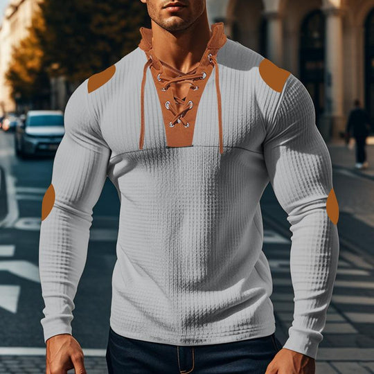 Men's Casual Colorblock Waffle Lace-up Stand Collar Slim Long Sleeve T-shirt 9261136675000