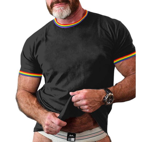 Men's Rainbow Stripe Patchwork Round Neck Short Sleeve T-Shirt 9261127073976