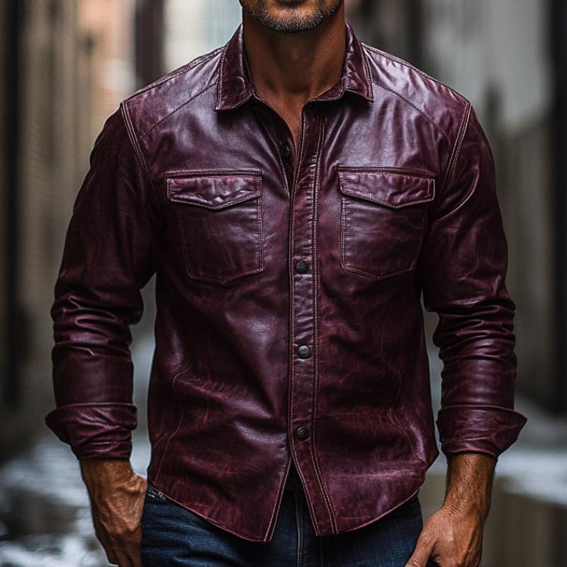Men's Vintage Burgundy Lapel Long Sleeve Leather Shirt 9879658758328