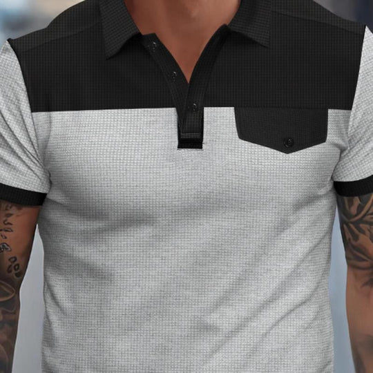 Men's Casual Waffle Colorblock Patchwork Lapel Slim Short-sleeved Polo Shirt 9887360581816