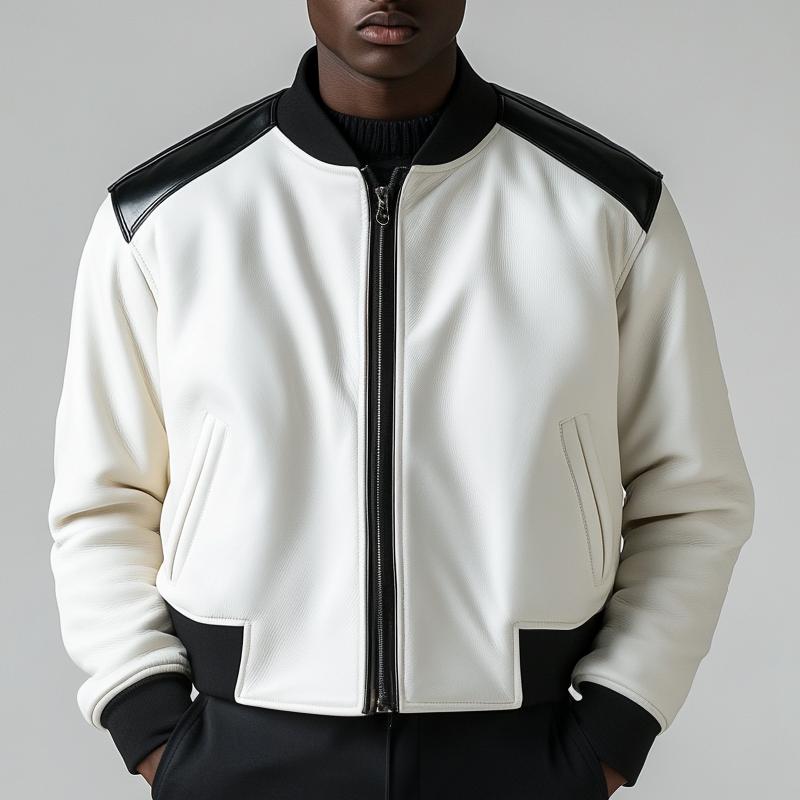 Men's Stylish Colorblock Leather Baseball Jacket 9877925429432