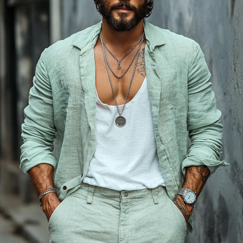 Men's Fashion Loose Linen Lapel Long Sleeve Casual Shirt 9885839130808