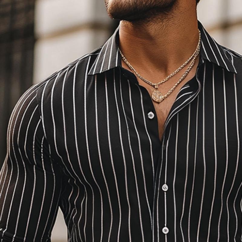 Men's Retro Casual Striped Lapel Long Sleeve Shirt 9880235802808