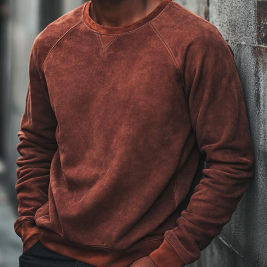 Men's Retro Red Crew Neck Suede Raglan Sleeve Sweatshirt 9274152386744