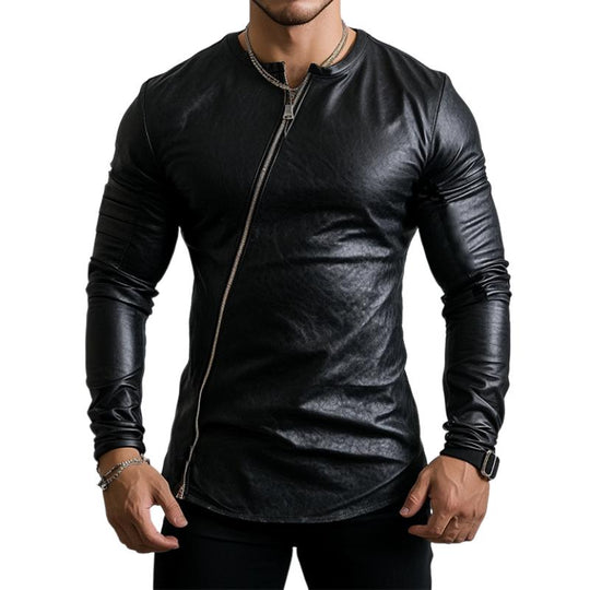Men's Stylish Round Neck Zippered Placket Slim Fit leather long sleeve T-shirt 9885322444984