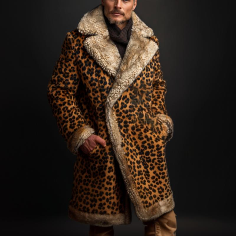 Men's Mid-length Leopard Print Warm Coat 9261107347640