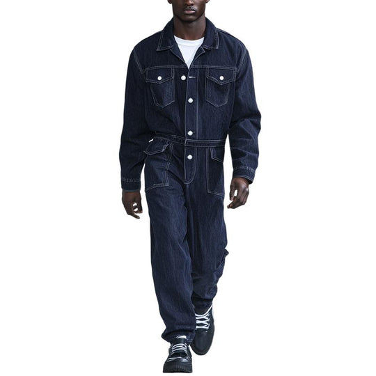 Men Fashion Multi-pocket Single-breasted Lapel Long-sleeved Denim Jumpsuit 9884643885240