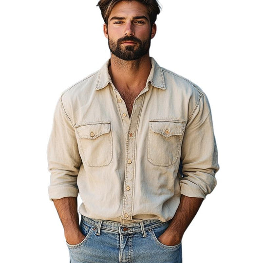 Men's Vintage Apricot Washed Denim Long Sleeve Shirt 9885839491256