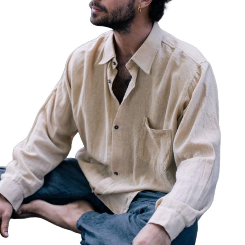 Men's Casual Cotton Linen Lapel Loose Long-sleeved Shirt 9885320315064