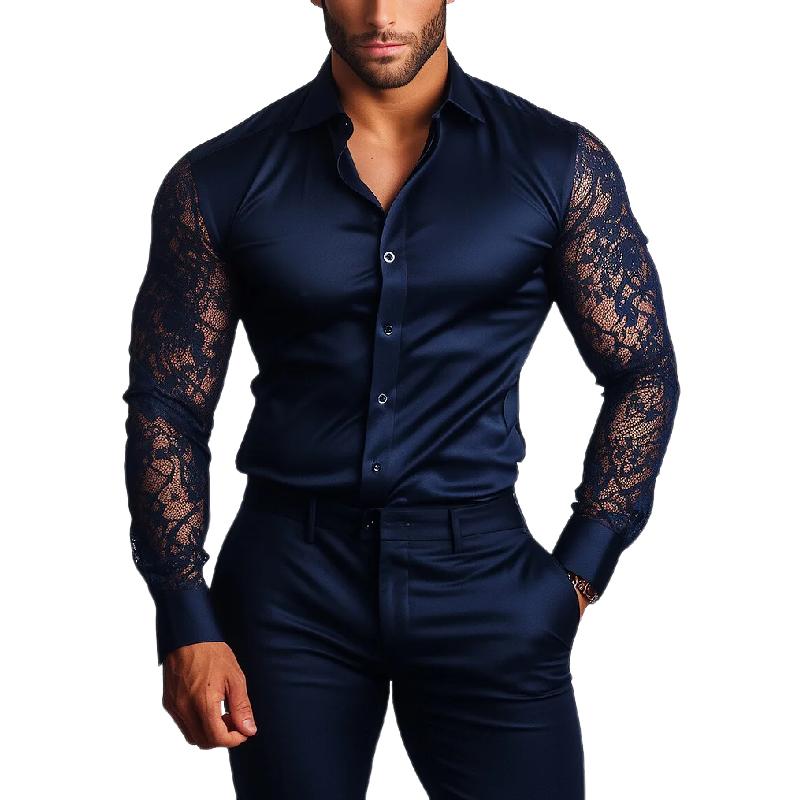 Men's Fashion Satin Lace Slim Fit Long Sleeve Shirt 9886816796856