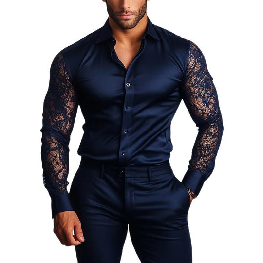 Men's Fashion Satin Lace Slim Fit Long Sleeve Shirt 9886816796856