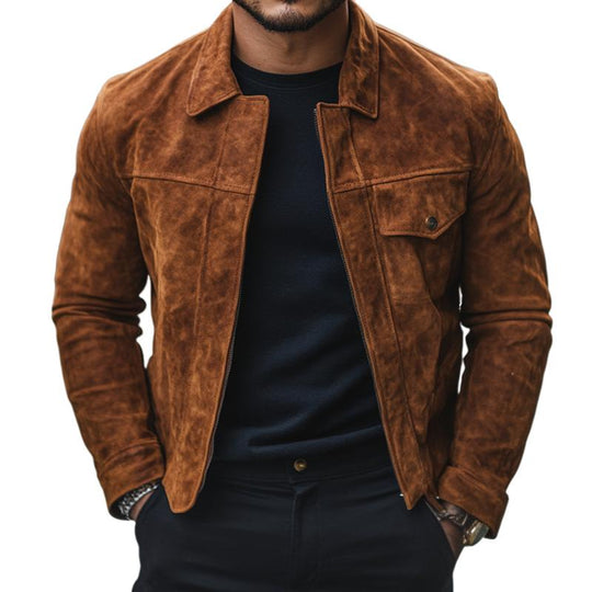Men's Solid Color Suede Lapel Zipper Jacket 9882788036792