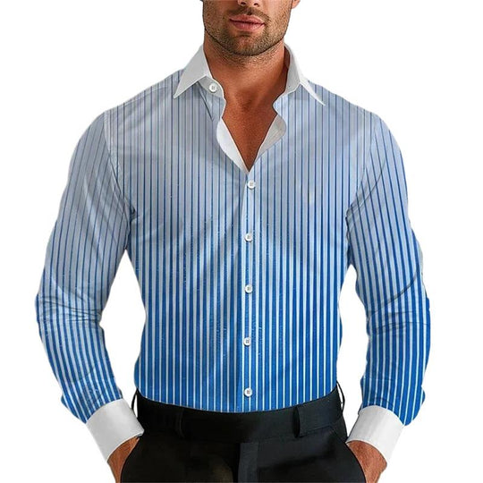 Men's Gradient Striped Lapel Long Sleeve Shirt 9261807861944
