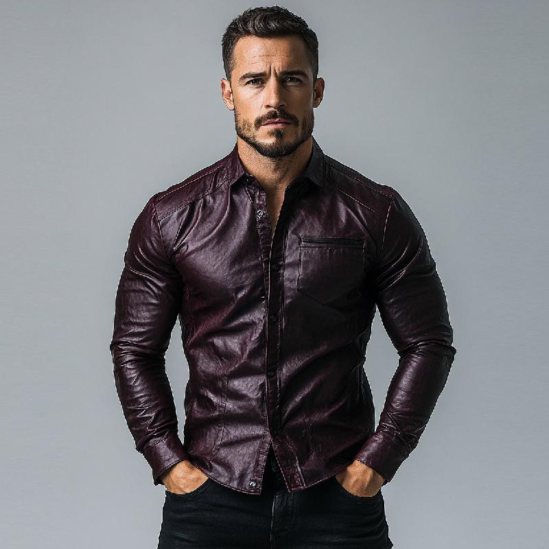 Mens Fashion Single Breasted Slim Fit Long Sleeve Leather Shirt 9882785185976