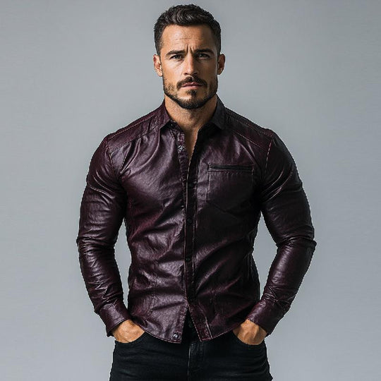 Mens Fashion Single Breasted Slim Fit Long Sleeve Leather Shirt 9882785185976