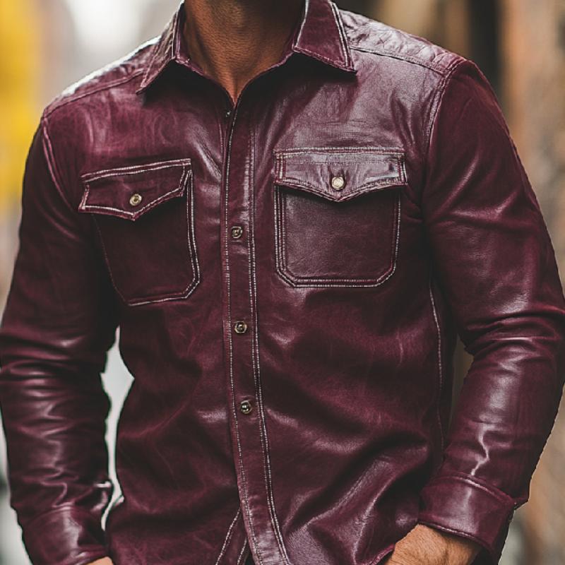 Men's Casual Burgundy Lapel Long Sleeve Leather Shirt 9879658791096