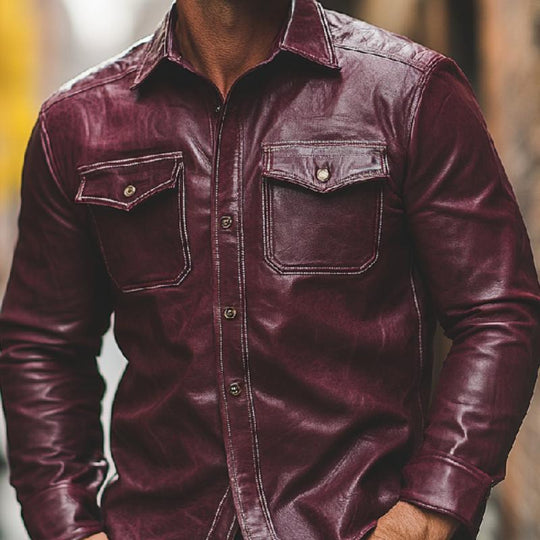 Men's Casual Burgundy Lapel Long Sleeve Leather Shirt 9879658791096