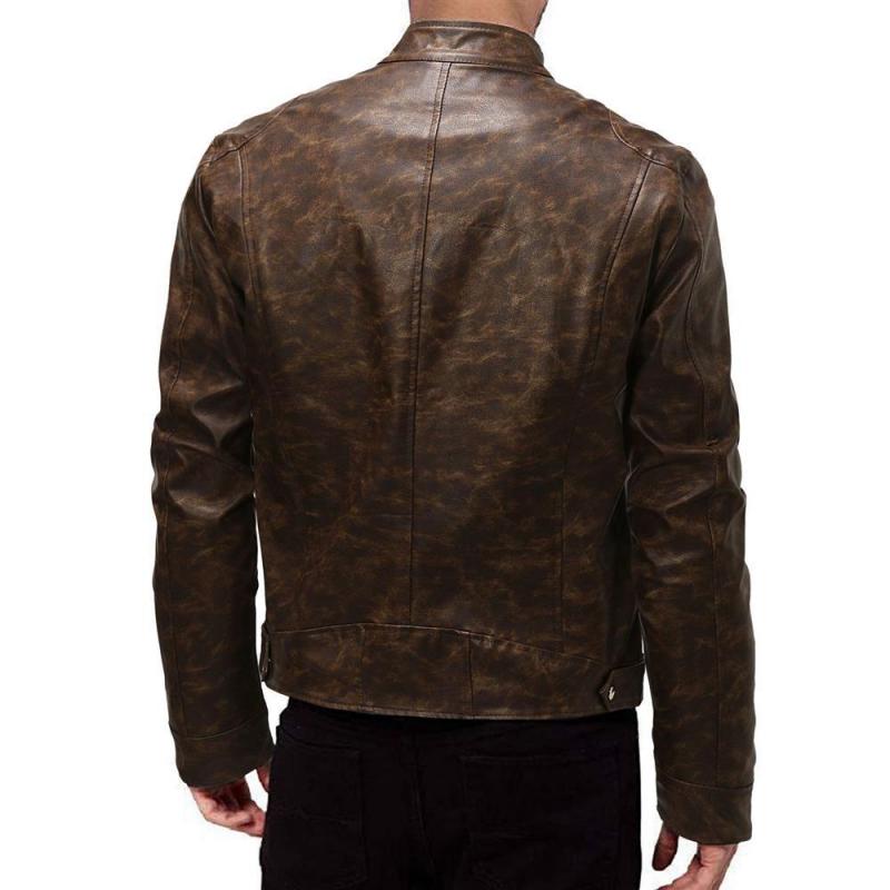 Men's Vintage Distressed Stand Collar Punk Motorcycle Leather Jacket 9261090439352