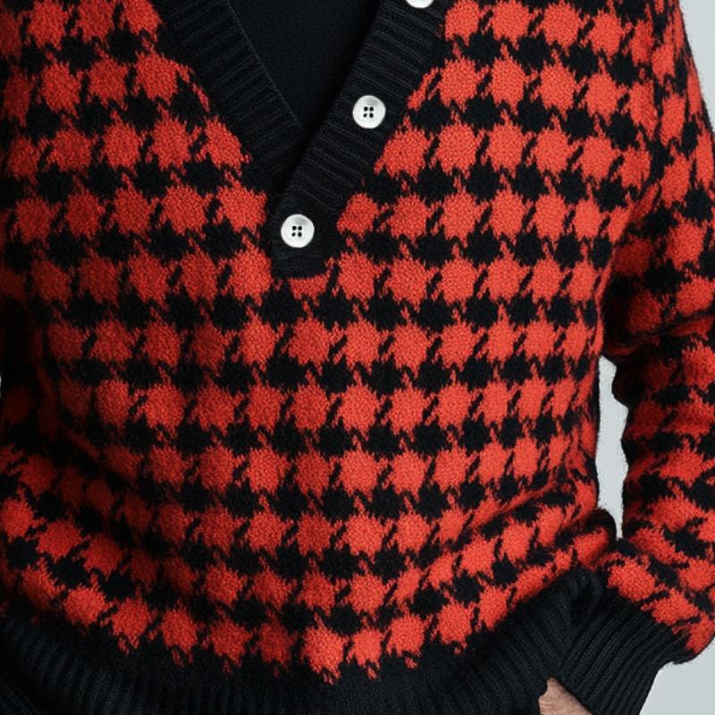 Men's Vintage Houndstooth Buttons V Neck Sweater 9262184366264