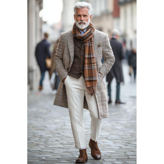 Men's Retro Plaid Printed Woolen Mid-Length Coat 9261110558904