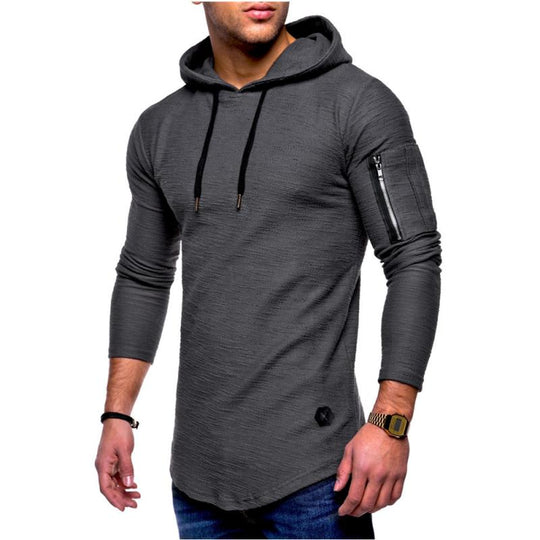 Men's Classic Casual Arm Zipper Solid Color Crew Neck Hooded Long Sleeve T-Shirt 9261141917880