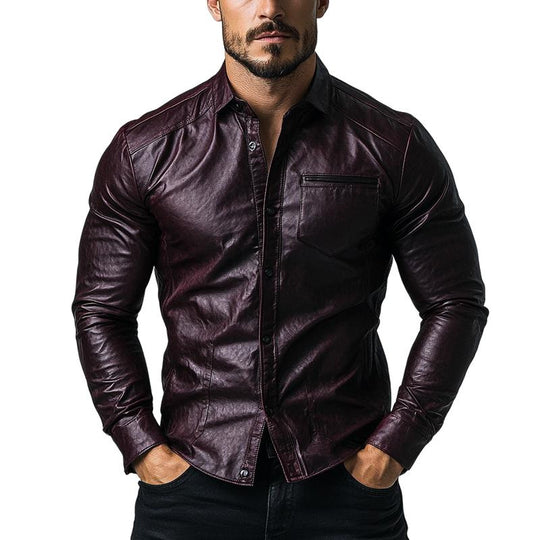 Mens Fashion Single Breasted Slim Fit Long Sleeve Leather Shirt 9882785185976