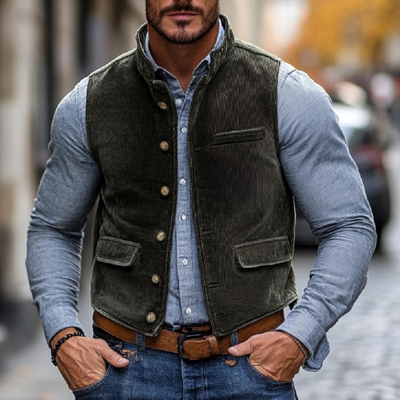 Men's Vintage Corduroy Stand Collar Single Breasted Work Vest 9273157386424