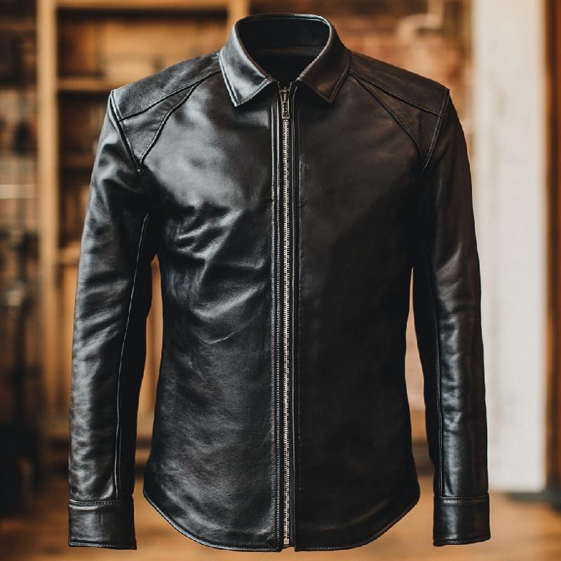 Men's Classic Black Lapel Long Sleeve Leather Shirt 9879658954936