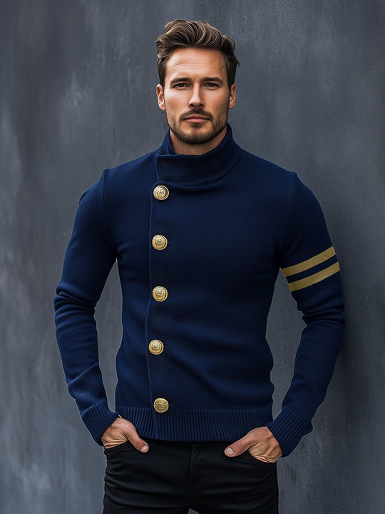 Men's Vintage Navy Stand Collar Knit Cardigan 9888736411832
