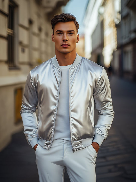 Stylish Silver Satin Bomber Jacket 9904641147064