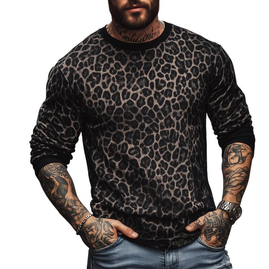 Men's Retro Casual Leopard Print Round Neck Colorblock Long Sleeve T-Shirt 9261124714680