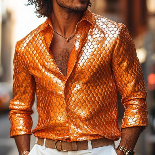 Men's Fashion Lapel Fish Scale Textured Leather Long Sleeve Shirt 9888004276408