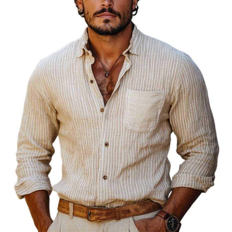 Men's Classic Casual Vertical Striped Linen Long Sleeve Shirt 9886820434104