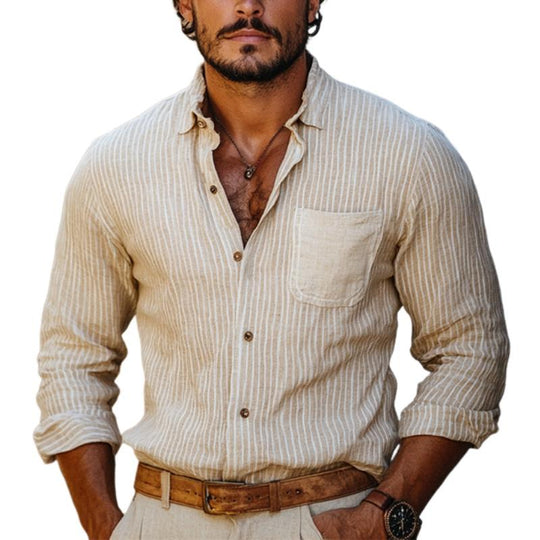 Men's Classic Casual Vertical Striped Linen Long Sleeve Shirt 9886820434104