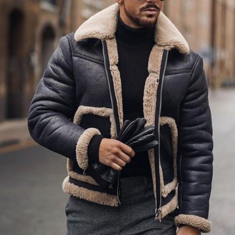 Men's Retro Casual Leather Plush Lapel Jacket 9261108134072