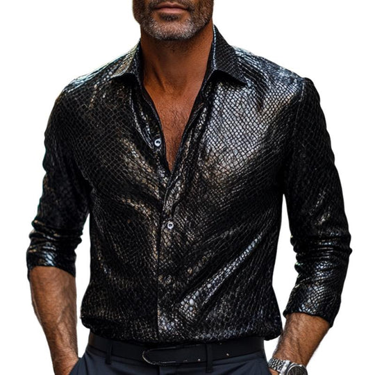 Men's Lapel Textured Leather Long Sleeve Shirt 9888004112568