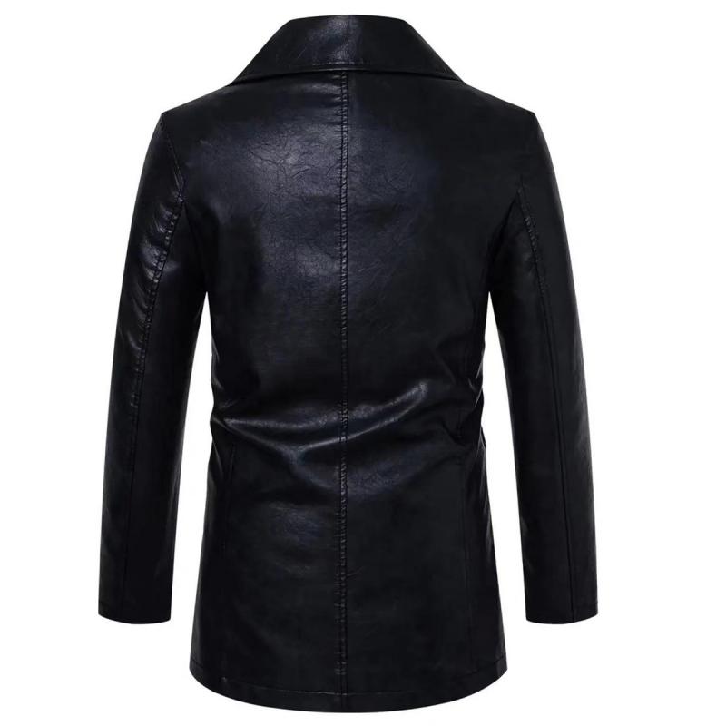 Men's Solid Color Lapel Double-Breasted Mid-Length Pu Leather Trench Coat 9261112164536