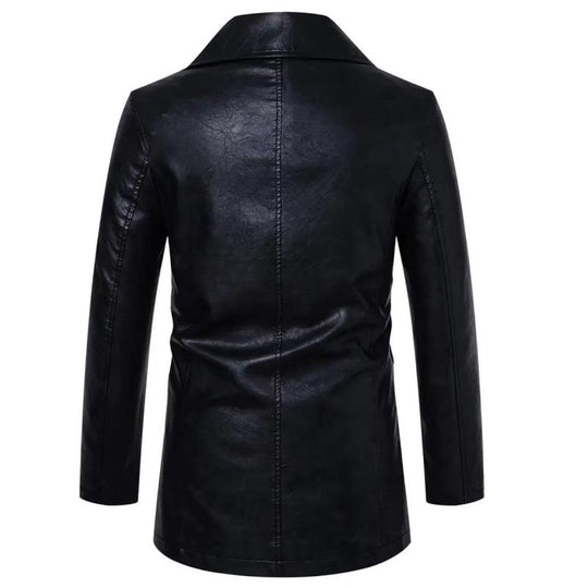 Men's Solid Color Lapel Double-Breasted Mid-Length Pu Leather Trench Coat 9261112164536