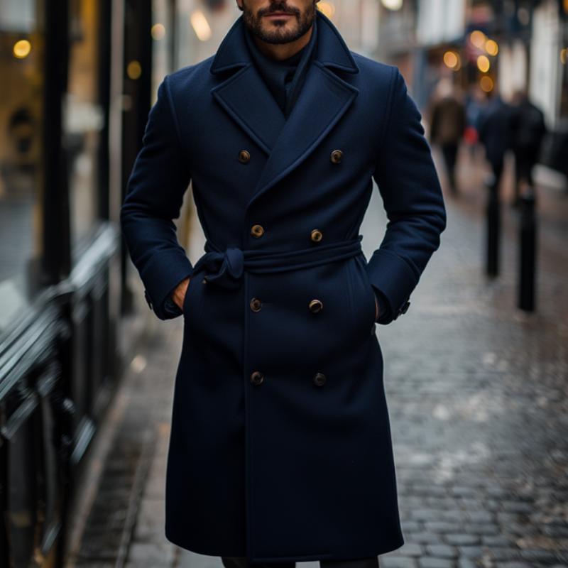 Men's Classic Wool Blend Notch Lapel Double Breasted Knee-Length Coat 9261104922808