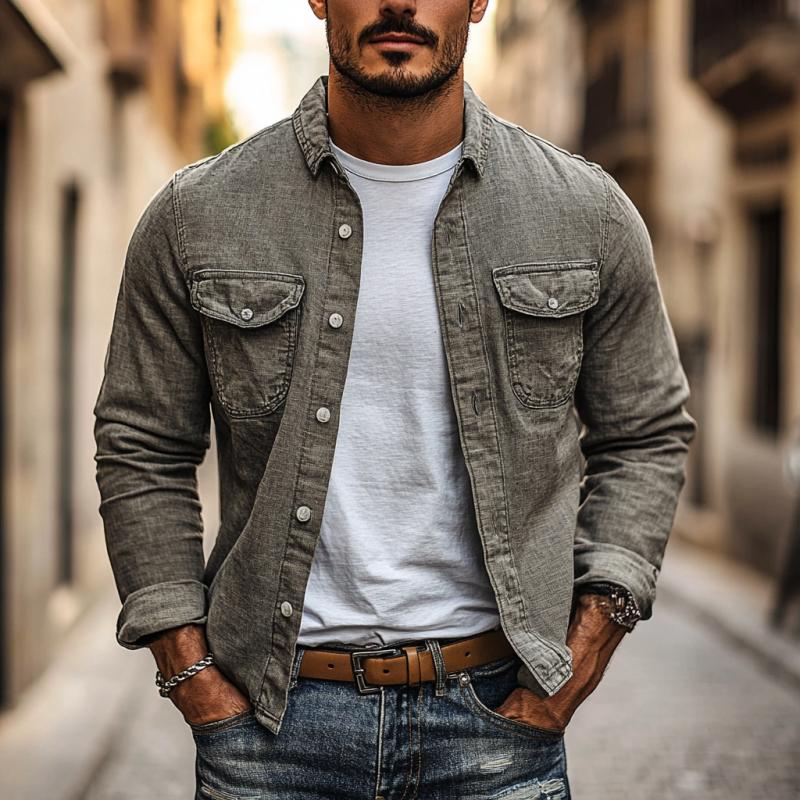 Men's Casual Cotton Linen Lapel Chest Pocket Slim Fit Long Sleeve Shirt 9885320380600