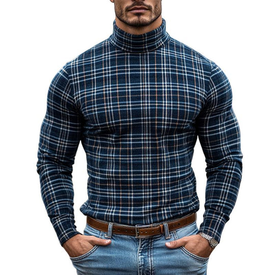 Men's Vintage Checked High Collar Long Sleeve Casual T-shirt 9884640510136