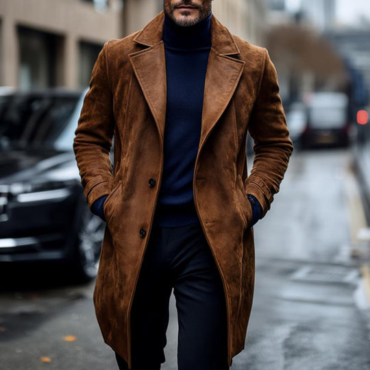 Men's Fashion Suede Notch Lapel Two Buttons Long Coat 9261104857272