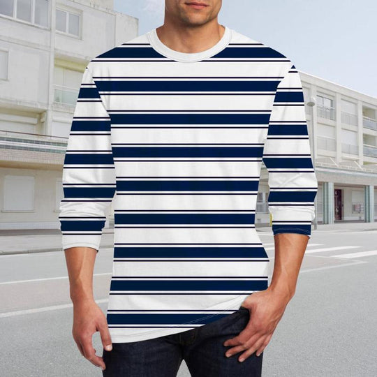 Men's Round Neck Printed Striped Long Sleeve T-shirt 9261143949496