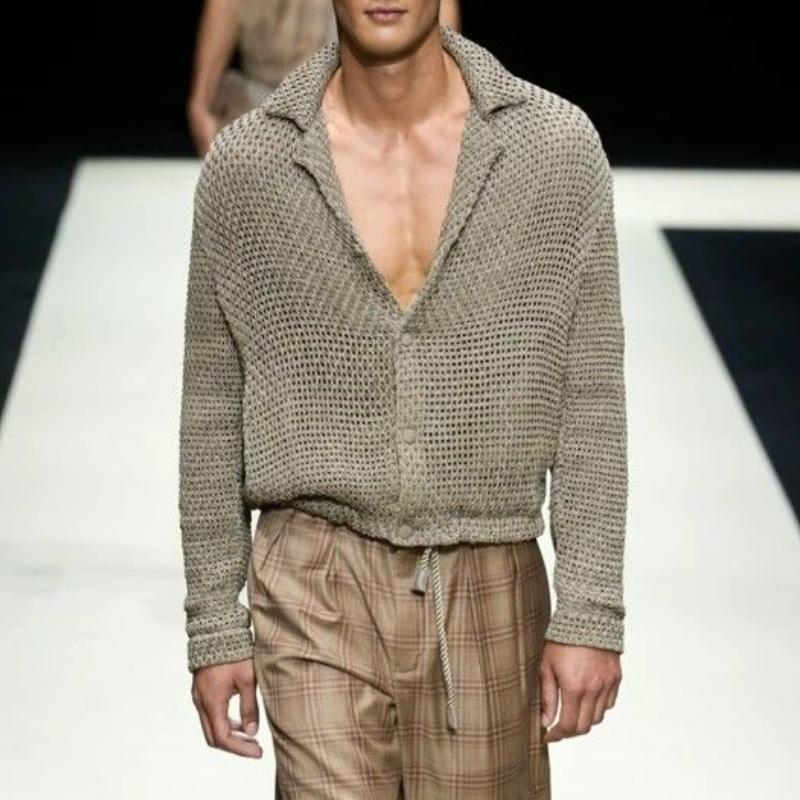 Men's Vintage Lapel Single Breasted Cropped Knit Cardigan 9877926379704