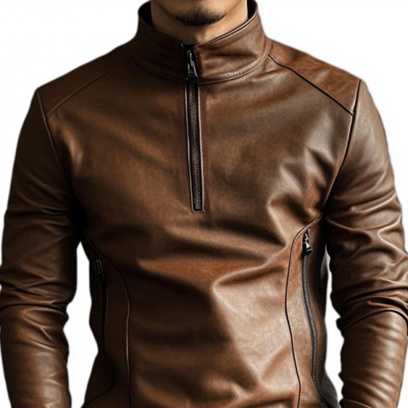 Men's Casual Fashionable Stand Collar Zipper Leather Sweatshirt 9885322281144